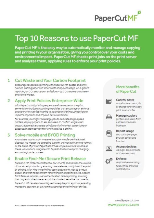 Top 10 Reasons, Papercut MF, Document Xcellence, Barre, ON, Ontario, Xerox, Agent, Dealer, Reseler